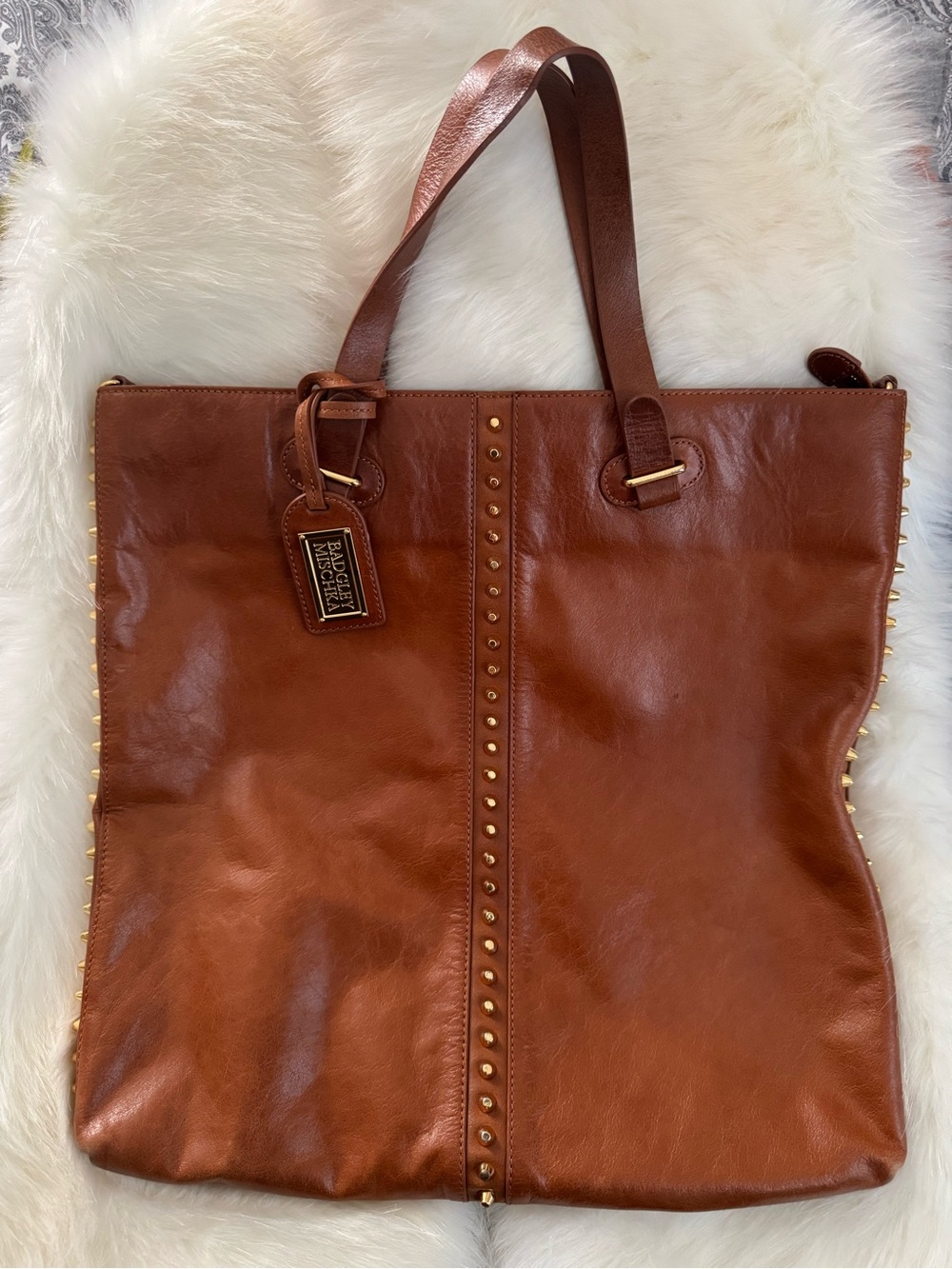 Badgley Mischka Chestnut Brown Leather Studded Tote Without Strap